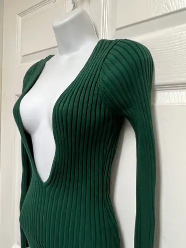 Hera Collection Hunter Green Deep V Neck Ribbed Dress