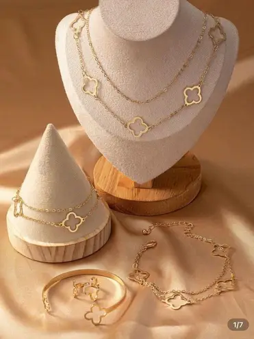 5pcs/Set Elegant Lucky Clover Necklace, Bracelet, Bangle, Ring, Anklet Gold