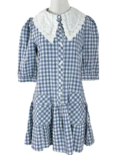 Vicky & Lucas Gingham Peter Pan Collar Doll Core Tiered Ruffle Mini Dress Small Blue