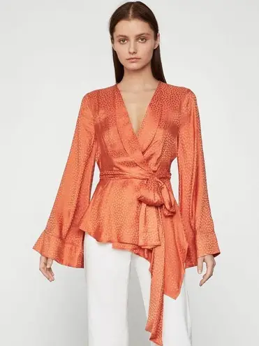 BCBGMAXAZRIA  Dotted Satin Wrap ASYMMETRIC BLOUSE Top Long Sleeve Orange S NEW