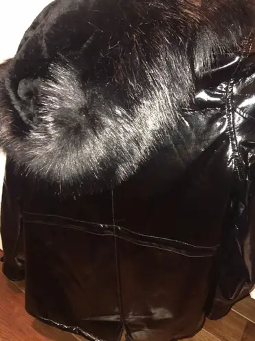 Missguided Black Patent Leather Fur Coat