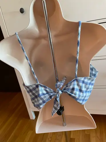 Purrr Melrose Blue White Gingham Spaghetti Straps Crop Top, one size