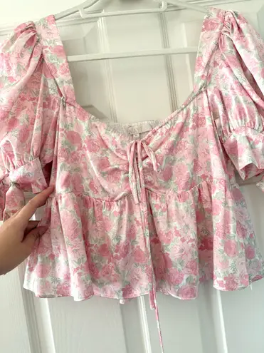 WAYF Terry Top Floral Print Puff Sleeve Peplum Top in Pink Mini Roses