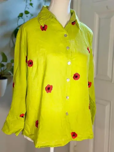 Casey Coleman 100% Linen Green Floral Embroidered Poppy Top