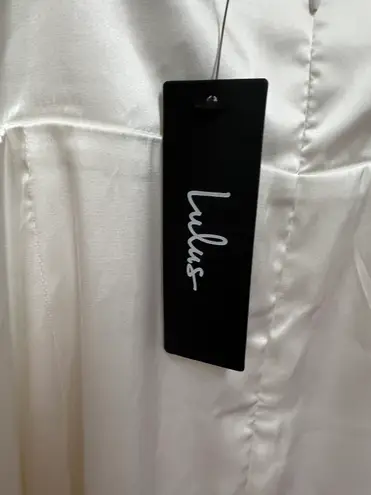 Lulus Caught Feelings White Satin Ruffled Midi Dress