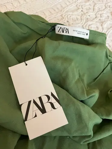 ZARA Linen Blended Ruched Dress Dark Sage Green