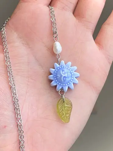 Handmade unique funky cute orange ceramic sun & Czech glass leaf & freshwater pearl necklace☀️🌿