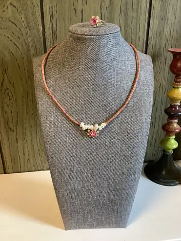 Handmade Pink Sparkle Pendant White Fresh Water Pearl Choker Set / Vintage Ring