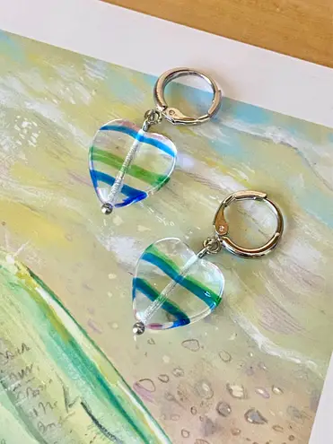 Handmade retro vintage fairy whimsical style quality Czech glass heart beads dangle earrings🩵