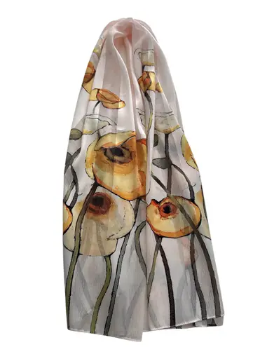 100% Silk Long Scarf cream with big yellow/mustard color flowers 23.5 x 65.5 in. Yellow