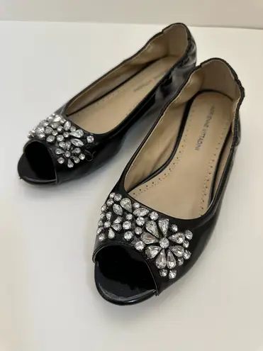 Adrienne Vittadini Black Patent Rhinestone Shoes Open Toe Ballet Size 8