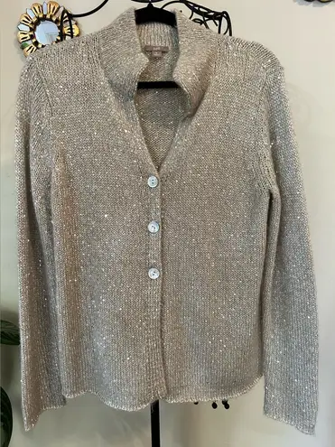 J. Jill Gold Sequin Knit Cardigan Sweater Size Medium Mother of Pearl Button