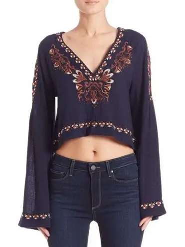 Linjia Shop Womens Boho Embroidered Flare Long Sleeve Cropped Top Size L Navy Blue Size L
