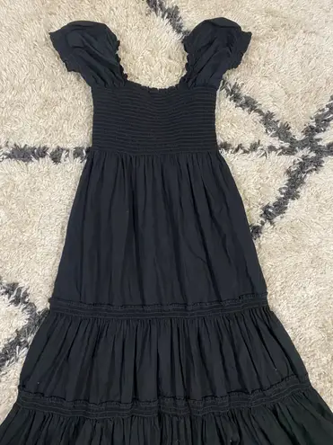 O.P.T Black Square Neck Smocked Tiered Midi Dress