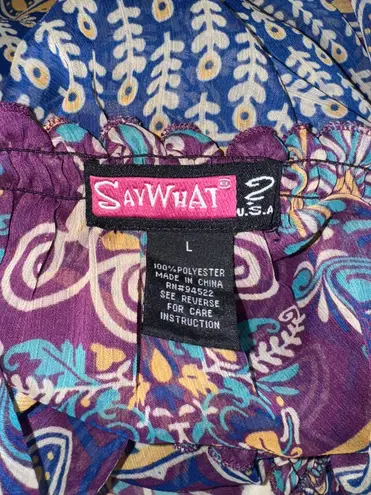 Say What? VTG Say What? Boho Sheer Peasant Blouse Purple Paisley Print Ruffle Neck Size L
