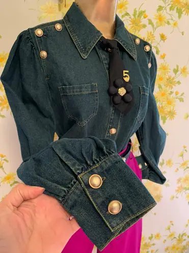 Long Sleeve Denim Embellised Button Up Shirt Size M Gold Size M