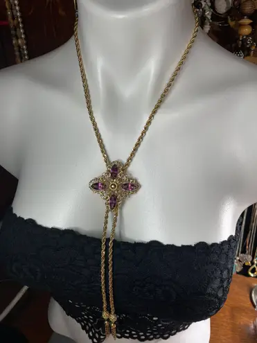 Amethyst Vintage 12K Yellow Gold Filled Boho Color Stone Slider Necklace