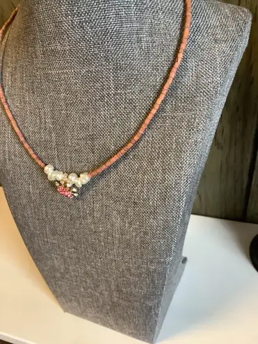 Handmade Pink Sparkle Pendant White Fresh Water Pearl Choker Set / Vintage Ring