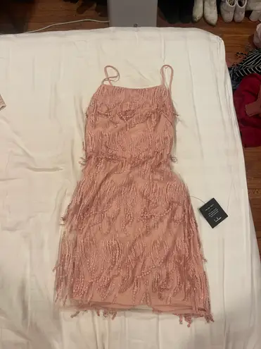 Lulus Fringe Lace Up Mini Dress Blush Pink