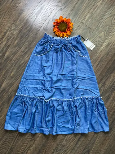 Unique Vintage NWT  1970s Chambray Ruffle Tiered Midi Skirt X-SMALL