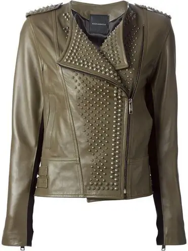 Nour Hammour Erin army green studded leather Biker jacket size FR 36 US 2 4 XS S