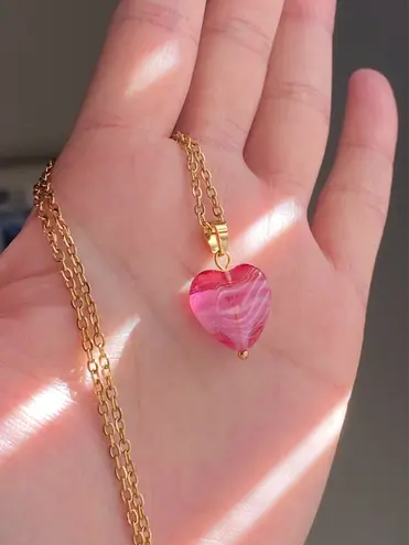 Handmade retro vintage fairy whimsical style quality Czech glass pink heart bead simple necklace🩷