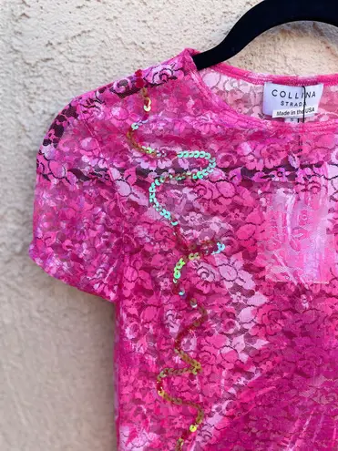 Collina Strada Sequin Cardio Lace Shrunken T-shirt Hot Pink Butterflies size S
