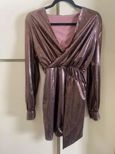 Small Pink Rose Gold Metallic Ruched Plunge Neck Long Sleeve Wrap Cocktail Dress