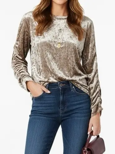 MELLODAY Crushed Velvet Top Womens S Taupe Long Sleeve Ruched Whimsigoth Soft