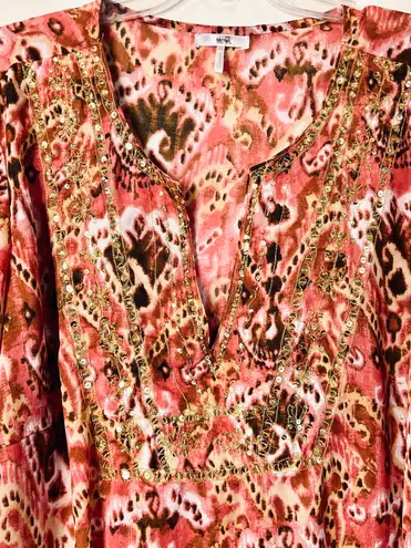 Metro 7 Warm Ikat Brown Pink Tunic Blouse Top Shirt Sz 22/24