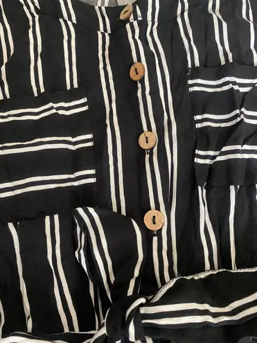 Lark + Grey Large Black & White Striped Bow Button Up One Piece Jumpsuit Romper