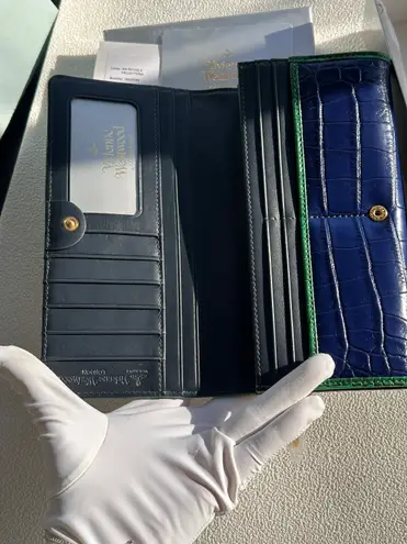 Vivienne Westwood Authentic New Orb genuine leather Trifold long wallet in blue