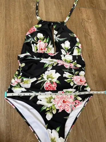 Cupshe one piece swimsuit halter tie black floral padded ruched women’s size XL