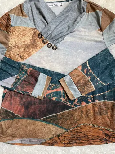 Misook MISSLOOK boho earthy landscape long sleeve top