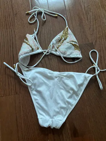 Victoria's Secret Y2k Victoria’s secret sequined white and gold triangle tie bikini top and bottom 