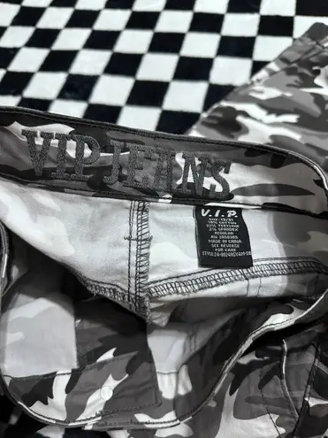 Vip Jeans Camo cargo pants with belt, featuring a mix of black and grey hues. Elastic ankles