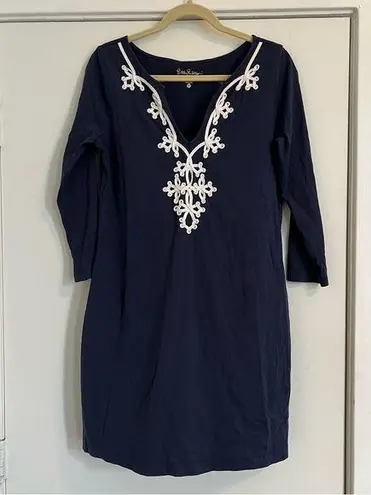 Lilly Pulitzer navy blue Brewster dress white embroidery mini 3/4 sleeve