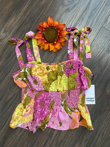 Unique Vintage NTAGE Pink & Yellow Floral Breezy Babe Crop Top SMALL