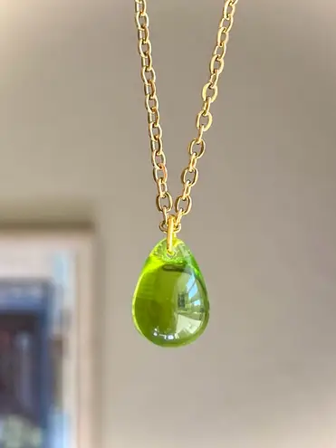 Handmade olive teardrop Czech glass simple minimalist gold chain necklace💚