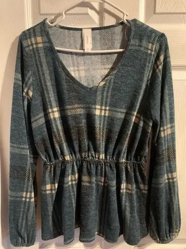 Honey Me Babydoll Shirt with Cinched Waist Green Plaid Women’s Size Medium