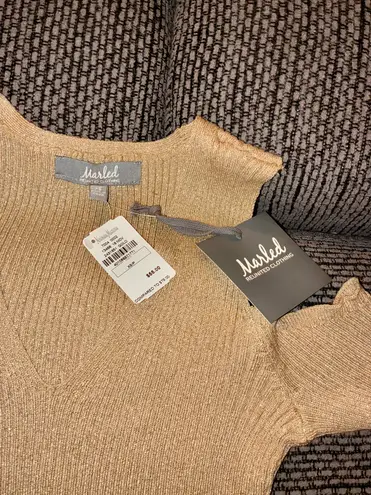 Neiman Marcus NWT $55 Marled, , Cold Shoulder Long-slv Gold Ribbed Sweater, Sz XS - Image 2