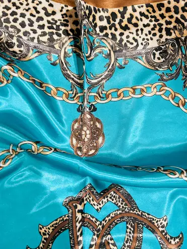 VINTAGE Leopard Print NWT TURQUOISE SQUAR SILKY SCARF hand rolled edges 35/35