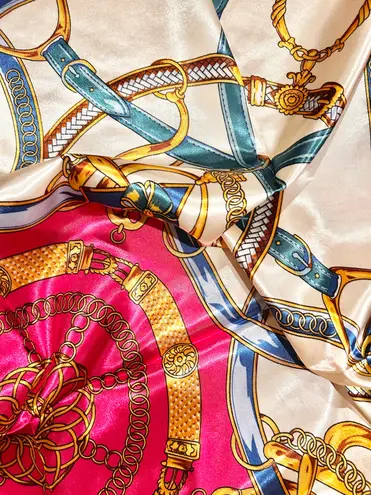 Vintage Equestrian Fuchsia Pink Royal Crown print oversized silky Scarf 35/35