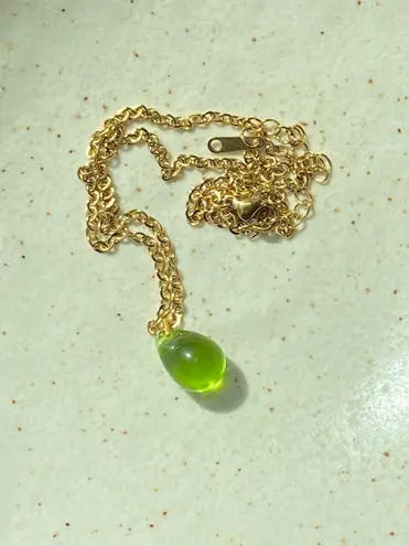 Handmade olive teardrop Czech glass simple minimalist gold chain necklace💚