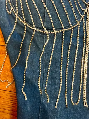 Blashe NWT VIRAL SEXY Blue Denim Fringe Rhinestone Jeweled Sleeveless Bodysuit M Size M