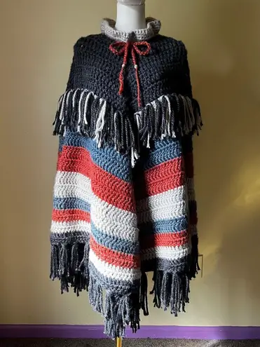 Handmade Crochet Poncho Cape Heavy Knit Striped Fringe Boho Hippie Festival OS
