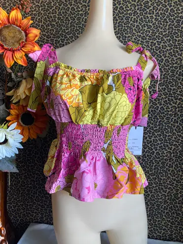 Unique Vintage NTAGE Pink & Yellow Floral Breezy Babe Crop Top MEDIUM 