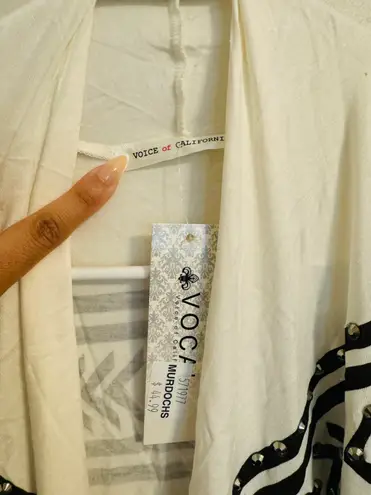 Vocal Cross Rhinestone Fringe Open Front Long Vest White M