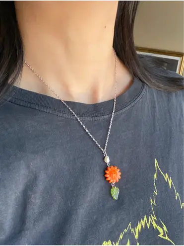 Handmade unique funky cute orange ceramic sun & Czech glass leaf & freshwater pearl necklace☀️🌿