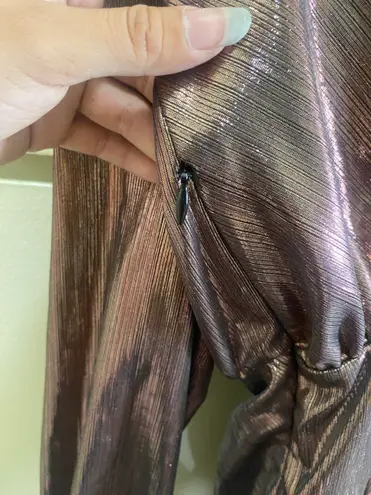 Small Pink Rose Gold Metallic Ruched Plunge Neck Long Sleeve Wrap Cocktail Dress